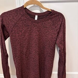 Athleta Burgundy Long-Sleeve Crewneck with Subtle Animal Print
